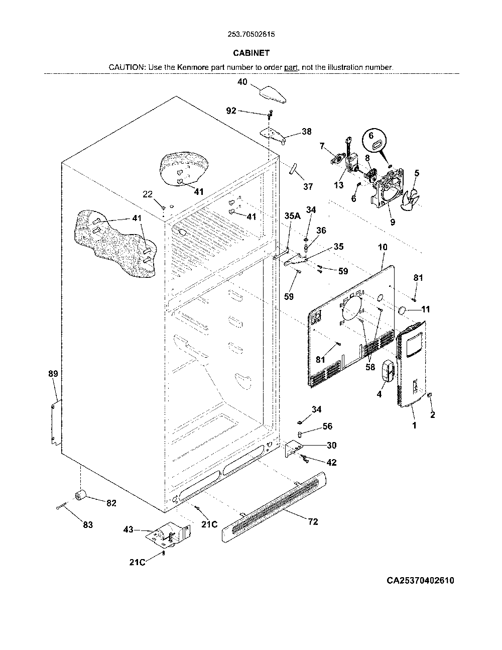 Cabinet Diagram and Parts List for 25370502615  Kenmore Refrigerator