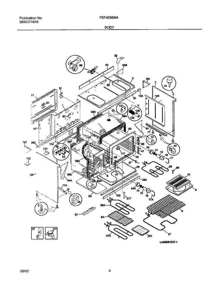 BODY Diagram and Parts List for FEF455BBA  Frigidaire Range