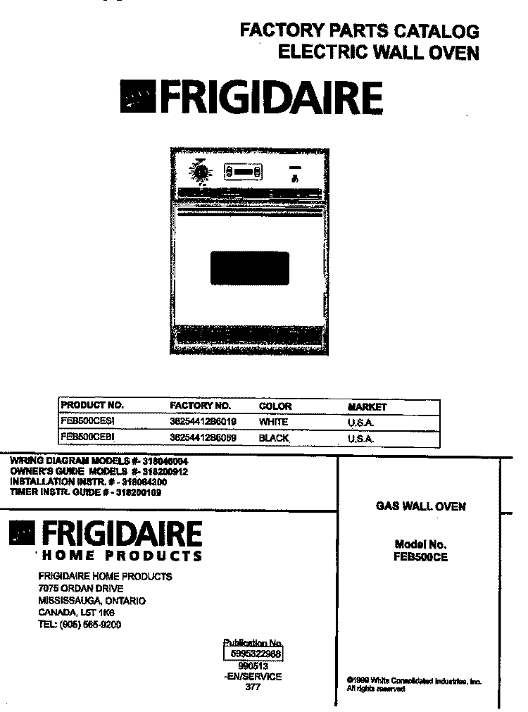 COVER Diagram and Parts List for FEB500CESI  Frigidaire Wall Oven