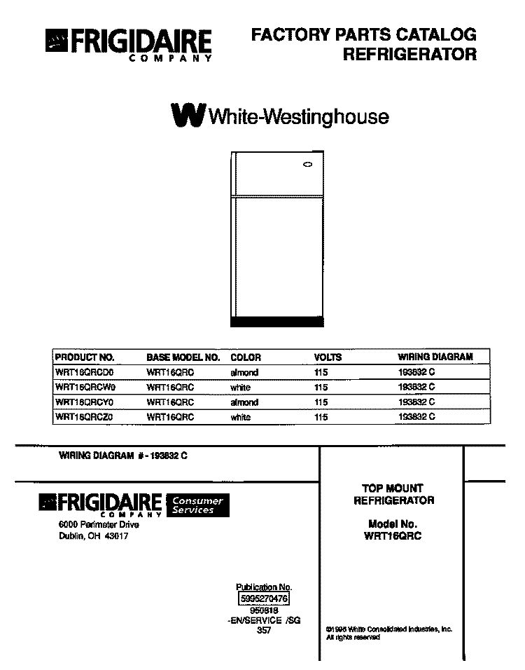 COVER Diagram and Parts List for WRT16QRCW0  Frigidaire Refrigerator