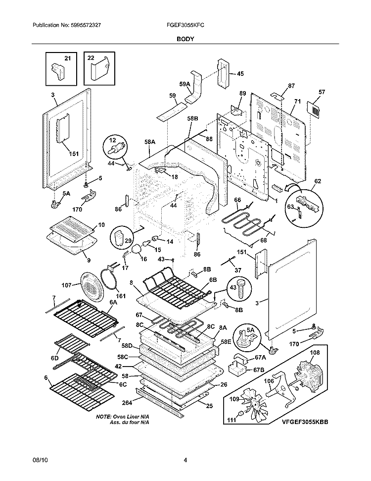 BODY Diagram and Parts List for FGEF3055KFC  Frigidaire Range