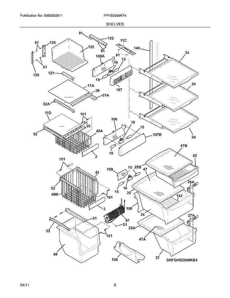 SHELVES Diagram and Parts List for FPHS2699KF4  Frigidaire Refrigerator