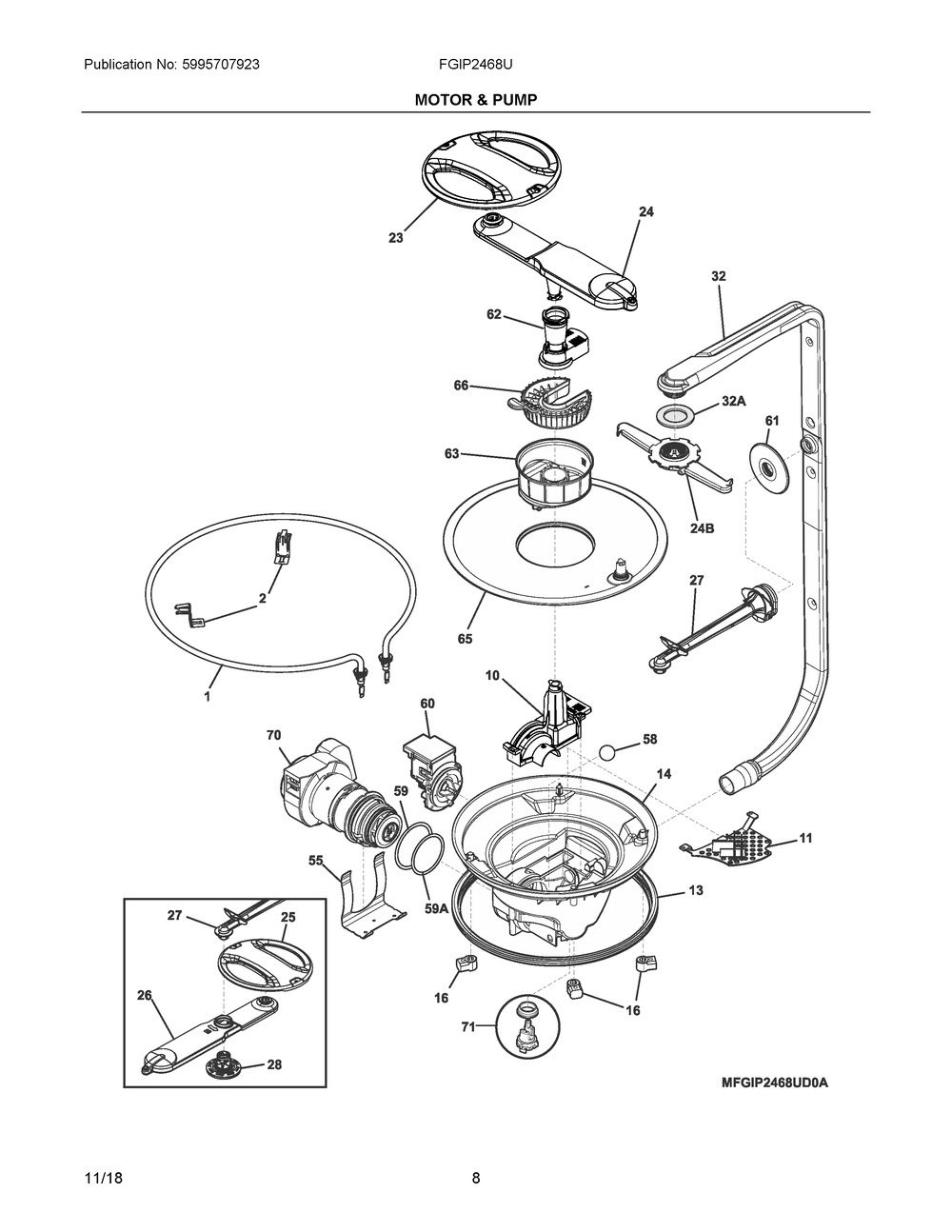 Motor & Pump Diagram and Parts List for FGIP2468UF0A  Frigidaire Dishwasher