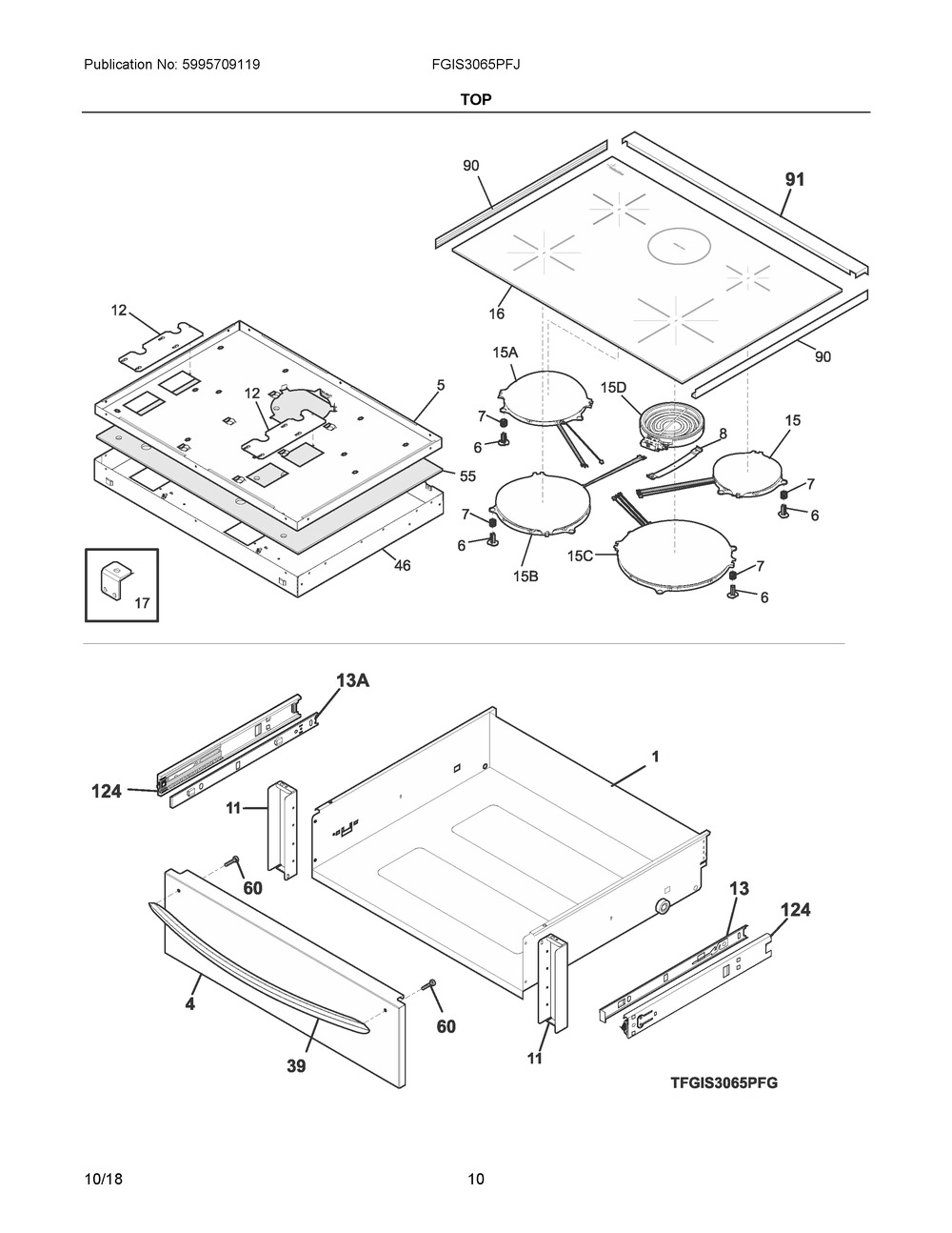 Top Diagram and Parts List for FGIS3065PFJ  Frigidaire Range