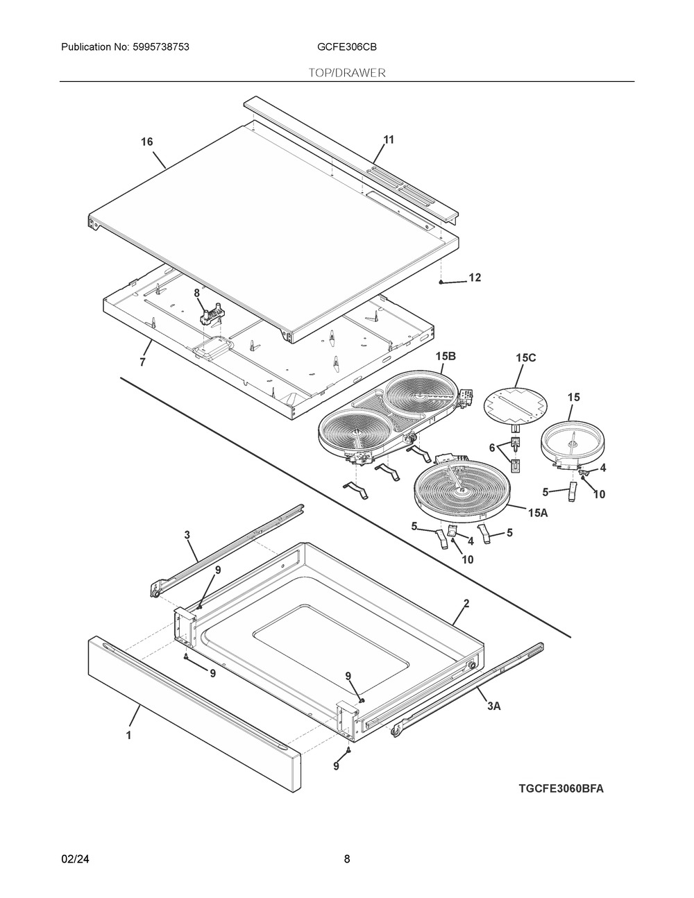 Top/Drawer Diagram and Parts List for GCFE306CBFB  Frigidaire Range