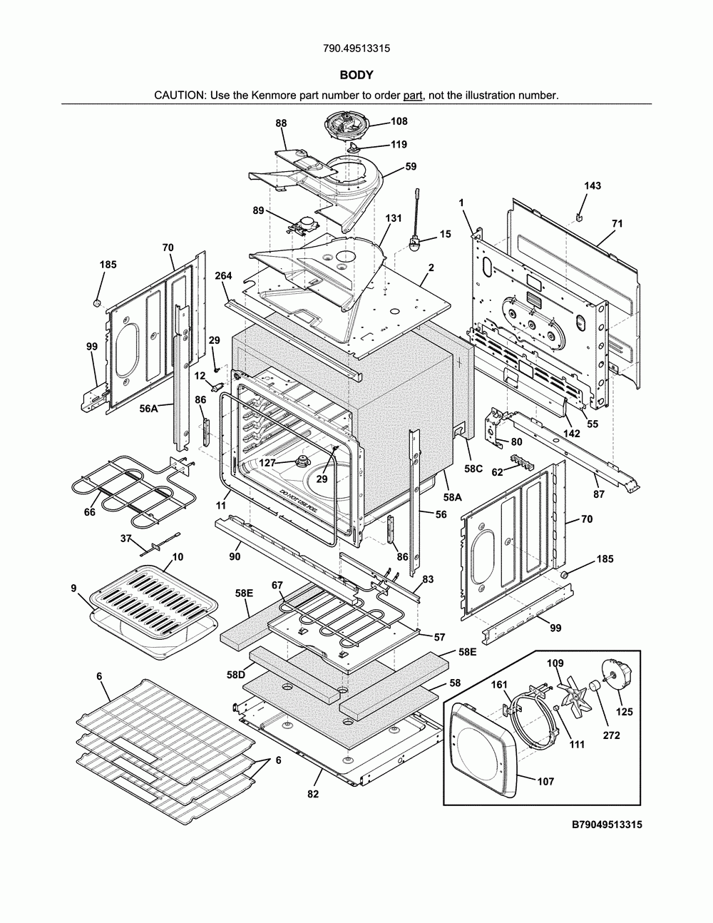 Body Diagram and Parts List for 79049513315  Kenmore Wall Oven