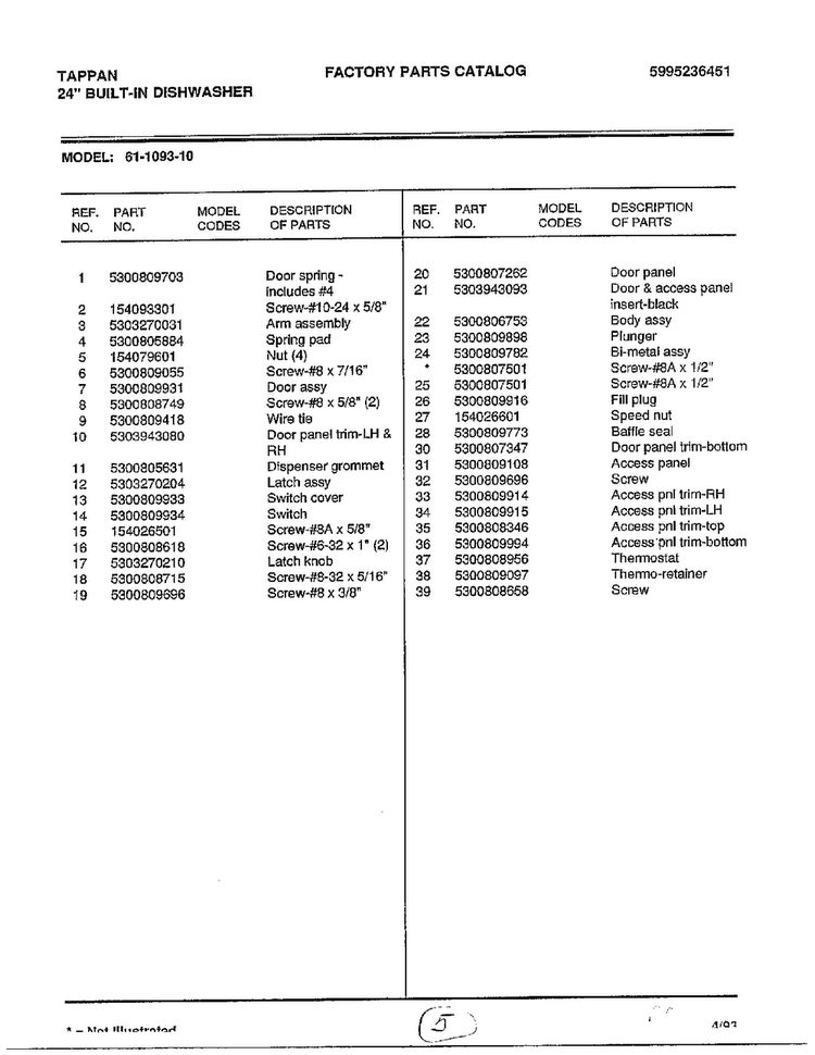 Parts List Diagram and Parts List for 61-1093-10  Frigidaire Dishwasher