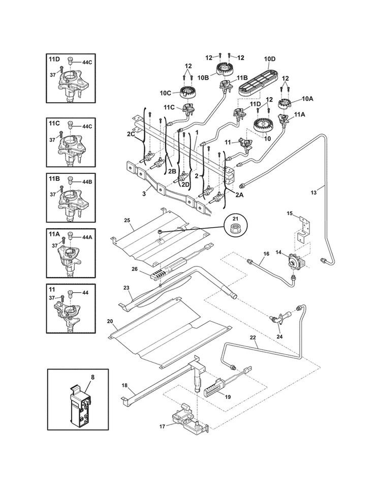 Burner Diagram and Parts List for FGGF305MKFP  Frigidaire Range