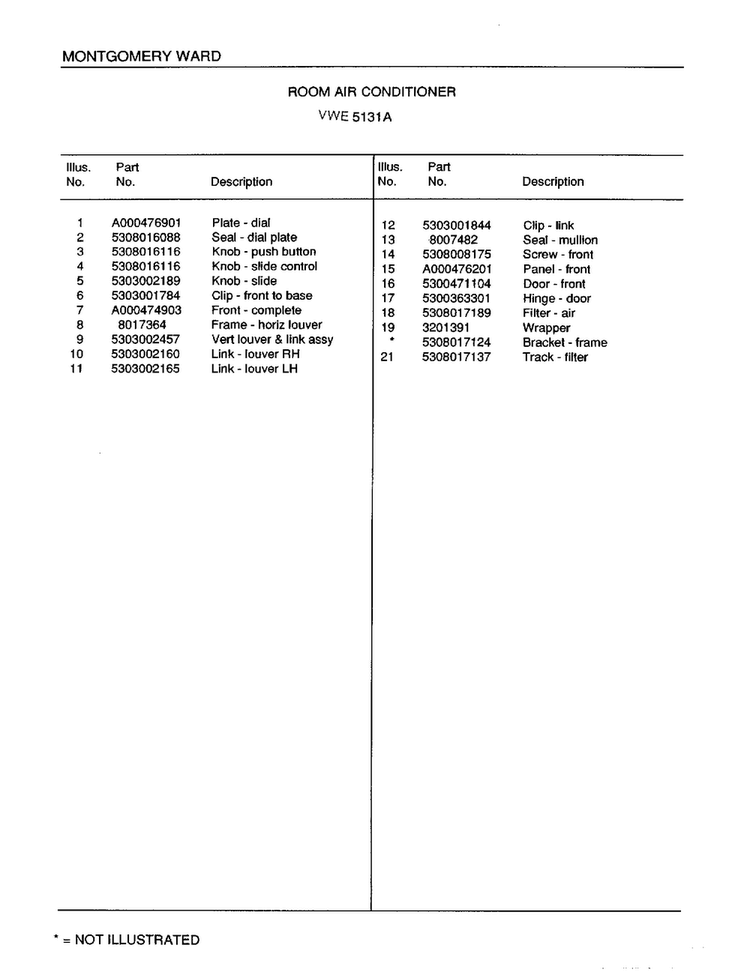 Room Air Conditioner Page 2 Diagram and Parts List for 5131A  Frigidaire Air Conditioner
