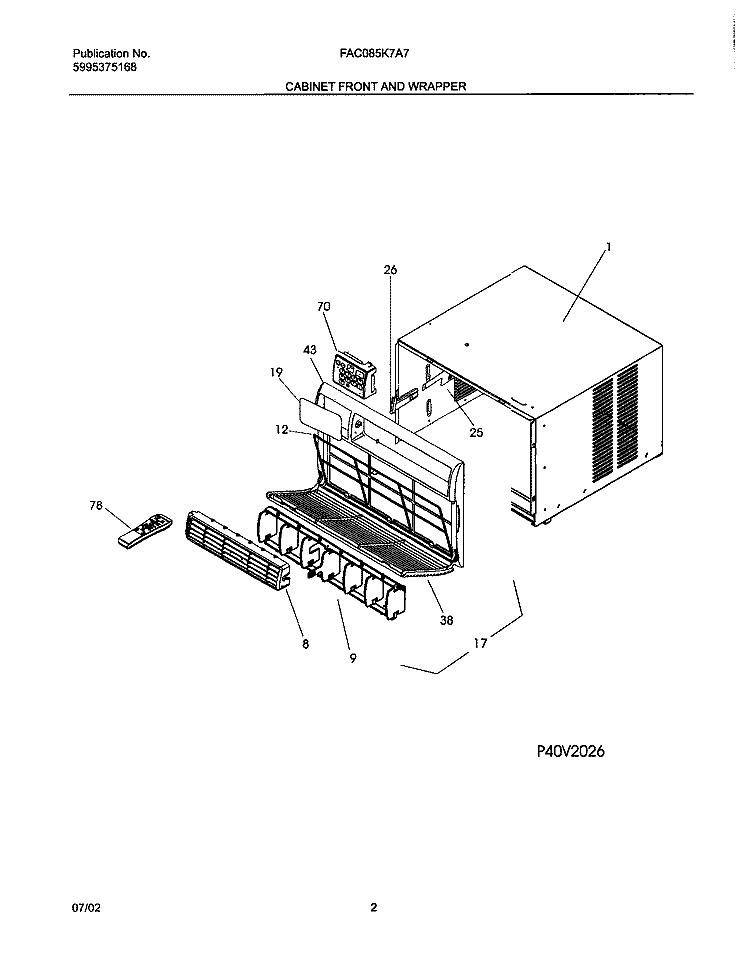 CABINET FRONT AND WRAPPER Diagram and Parts List for FAC085K7A7  Frigidaire Air Conditioner