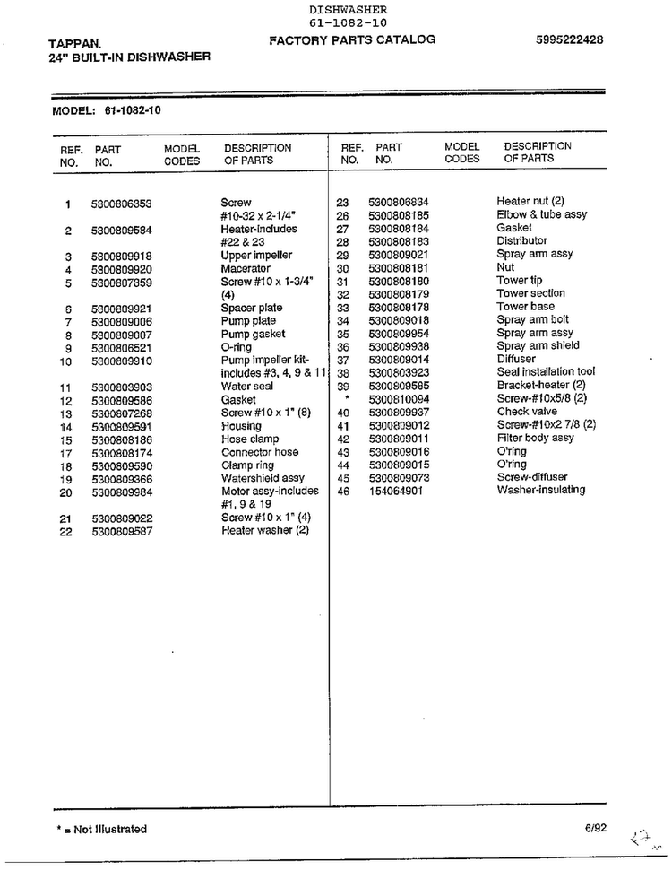 24" Built-in Dishwasher Page 8 Diagram and Parts List for 61-1082-10  Tappan Dishwasher