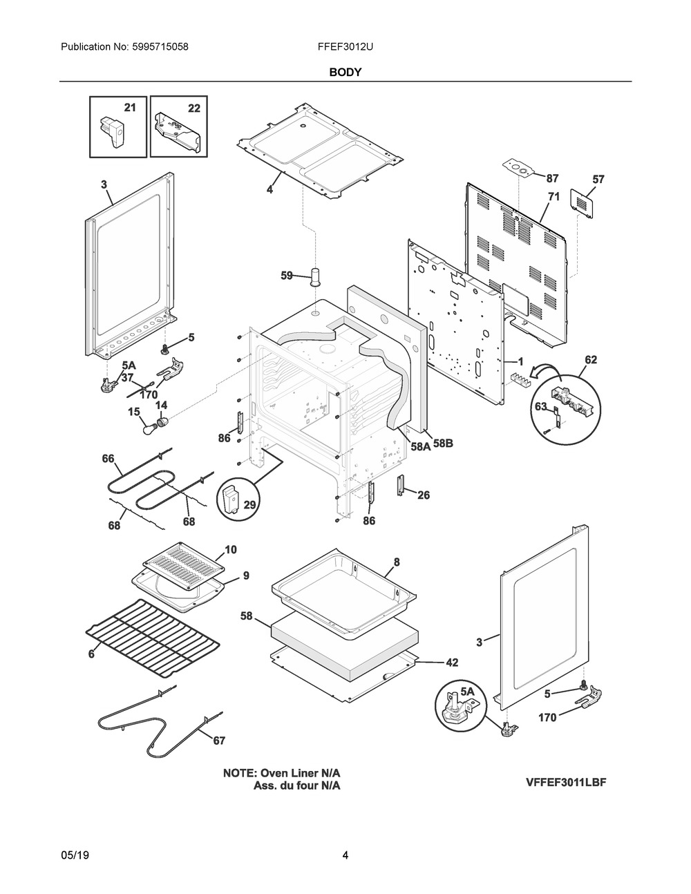 Body Diagram and Parts List for FFEF3012UWC  Frigidaire Range