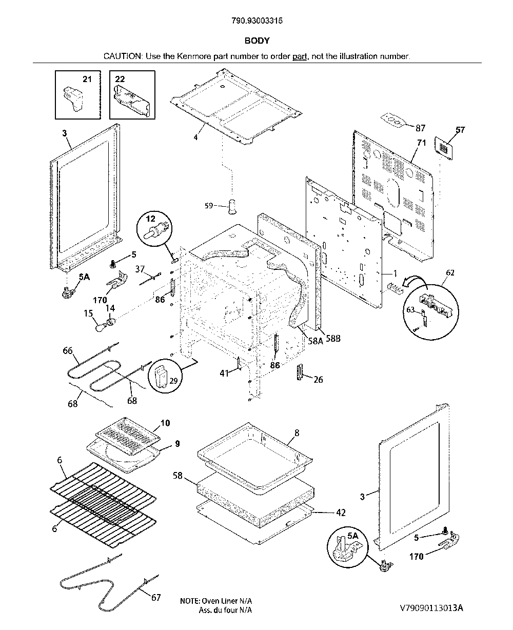 Body Diagram and Parts List for 79093003315  Kenmore Range