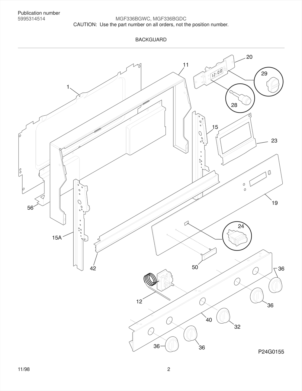 Backguard Diagram and Parts List for MGF336BGDC  Frigidaire Range