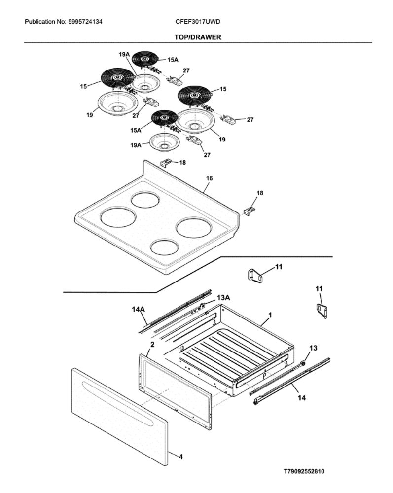 Top/Drawer Diagram and Parts List for CFEF3017UWD  Frigidaire Range