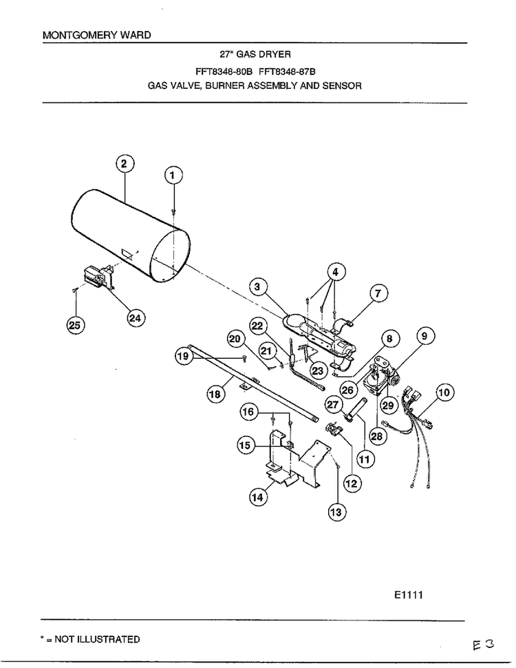 Gas Valve, Burner Assembly And Sensor Diagram and Parts List for 8348B  Frigidaire Dryer