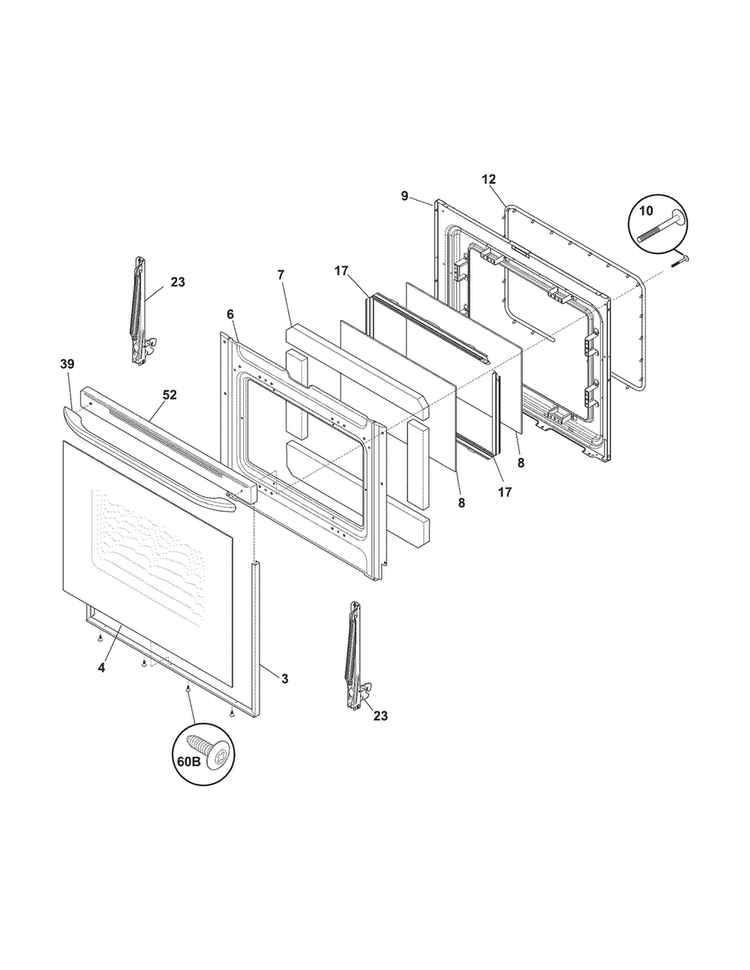 Door Diagram and Parts List for FFGF3021ZWC  Frigidaire Range