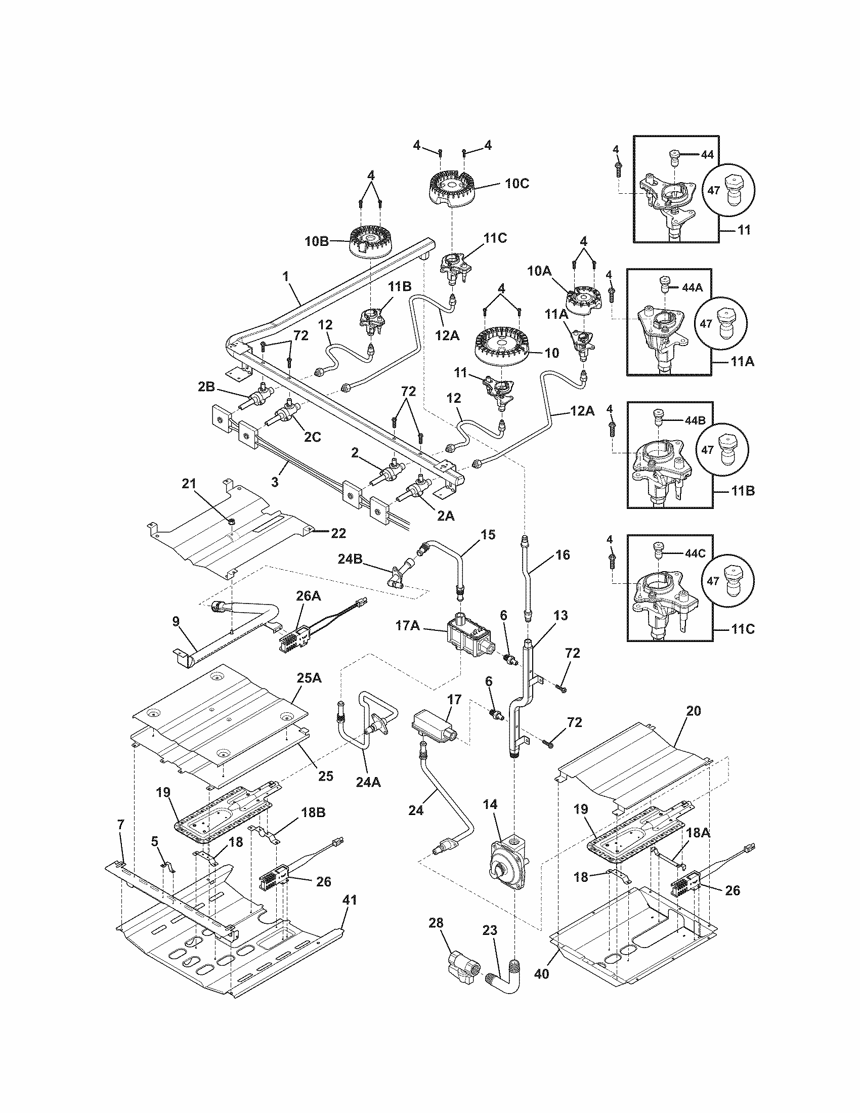 Burner Diagram and Parts List for 79078013002  Kenmore Range