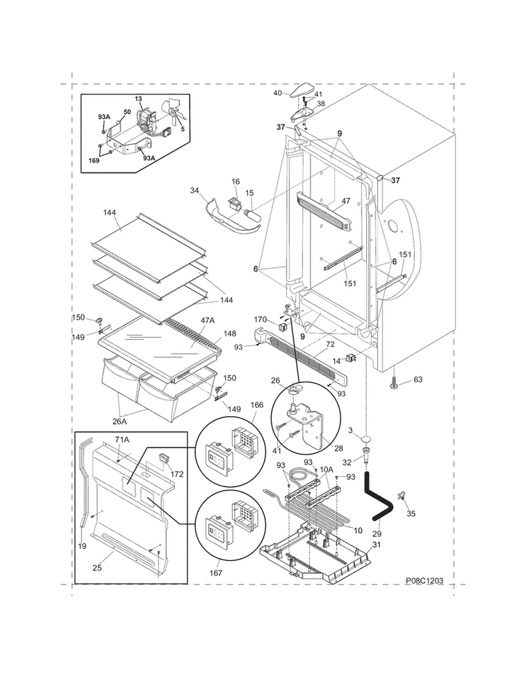 Cabinet Diagram and Parts List for FKCH17F7HWE  Frigidaire Refrigerator