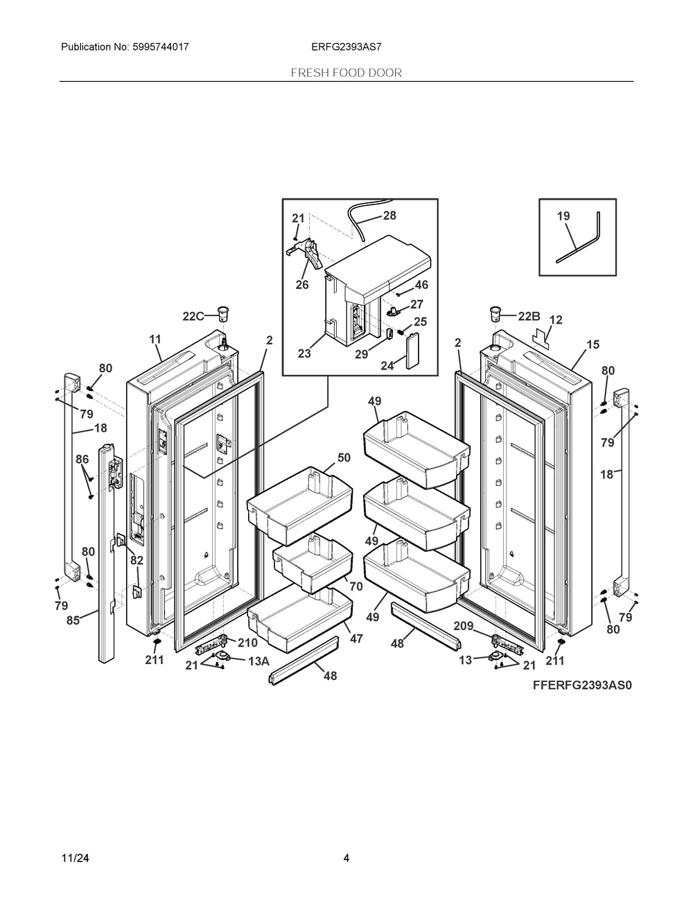 Fresh Food Door Diagram and Parts List for ERFG2393AS7  Frigidaire Refrigerator