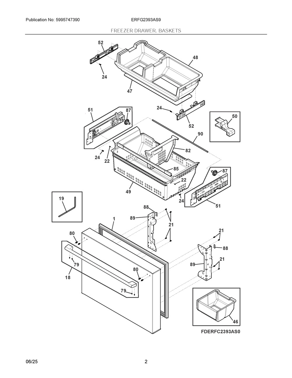 Freezer Drawer, Baskets Diagram and Parts List for ERFG2393AS9  Frigidaire Refrigerator