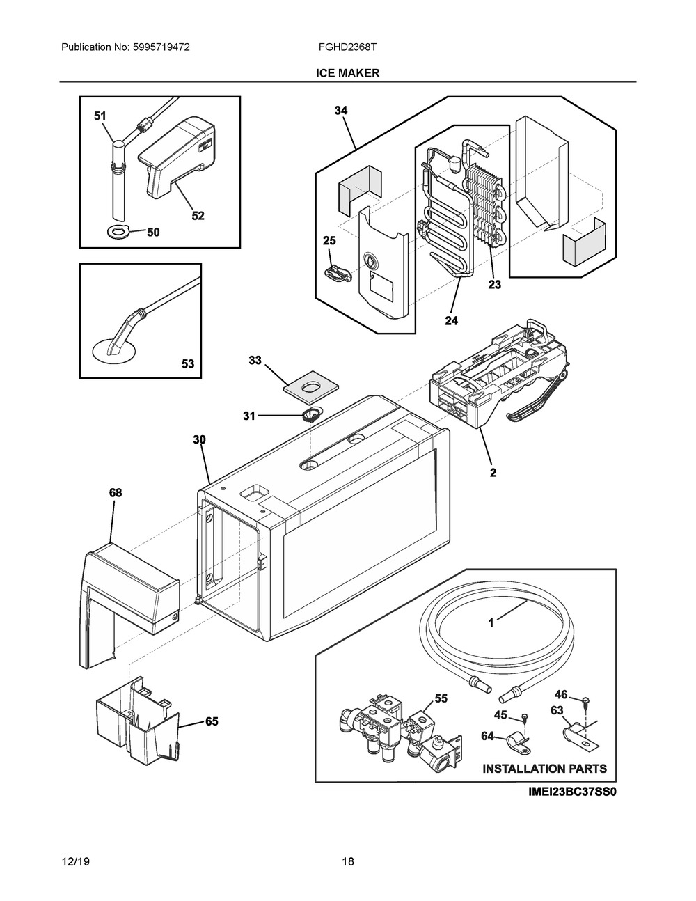 Ice Maker Diagram and Parts List for FGHD2368TF8  Frigidaire Refrigerator