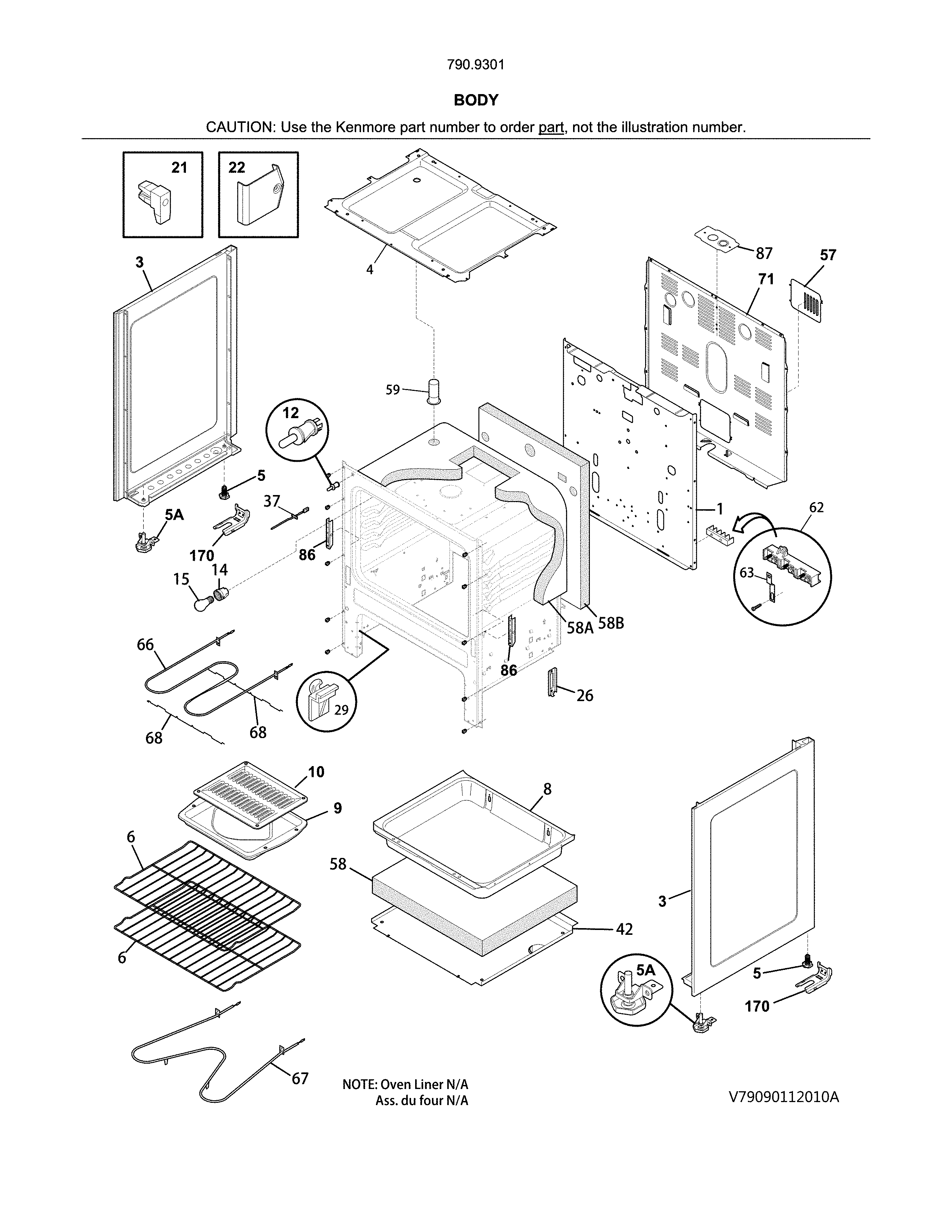 Body Diagram and Parts List for 79093019311  Kenmore Range