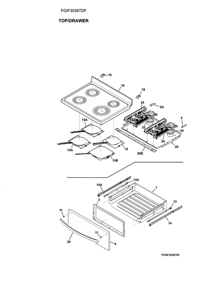 Top/Drawer Diagram and Parts List for FGIF3036TDF  Frigidaire Range