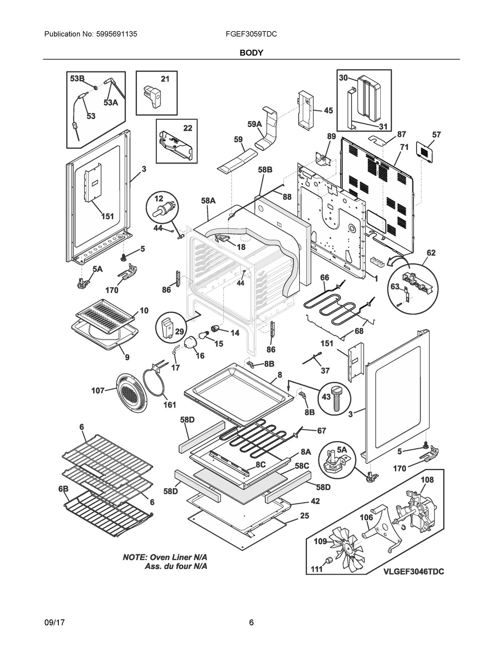 Body Diagram and Parts List for FGEF3059TDC  Frigidaire Range