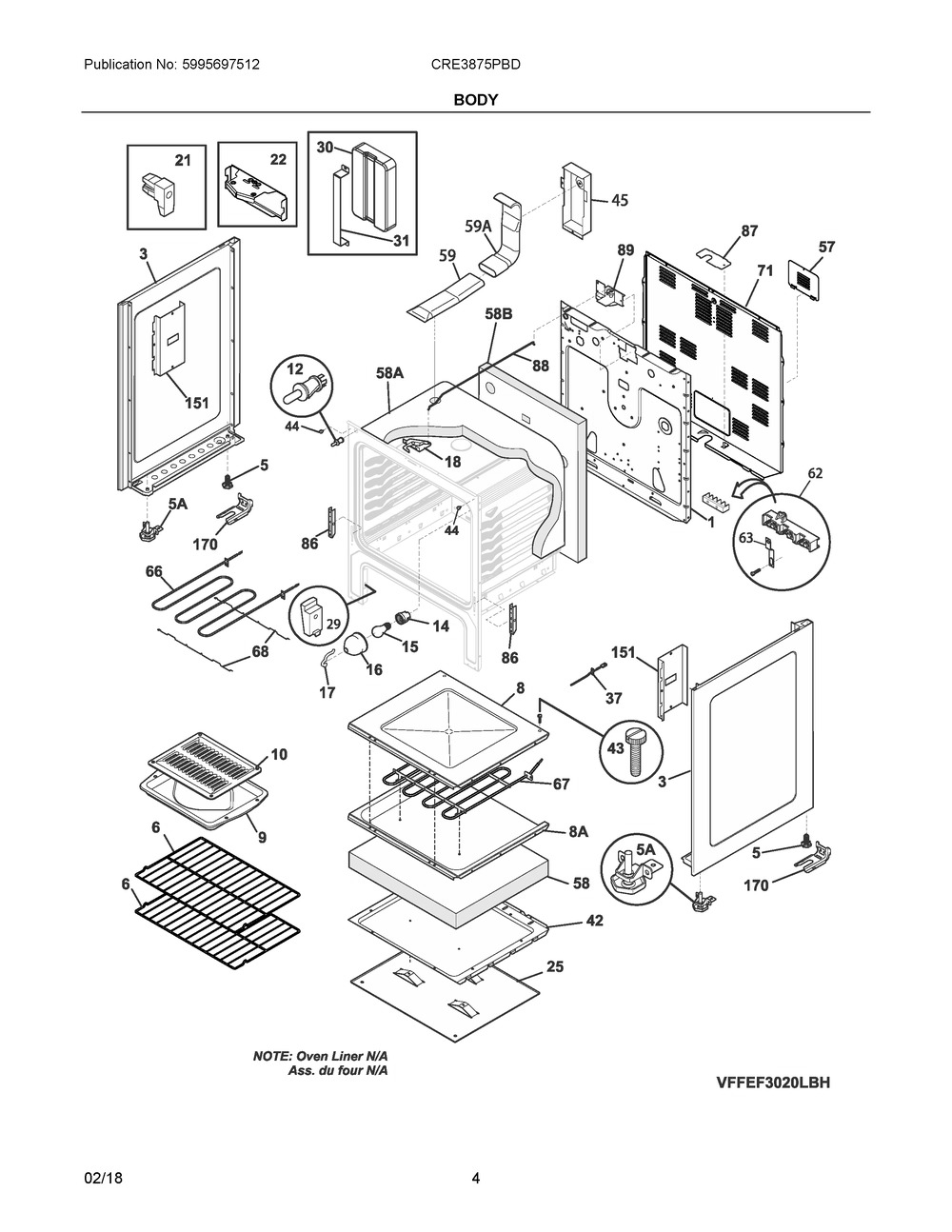 Body Diagram and Parts List for CRE3875PBD  Frigidaire Range