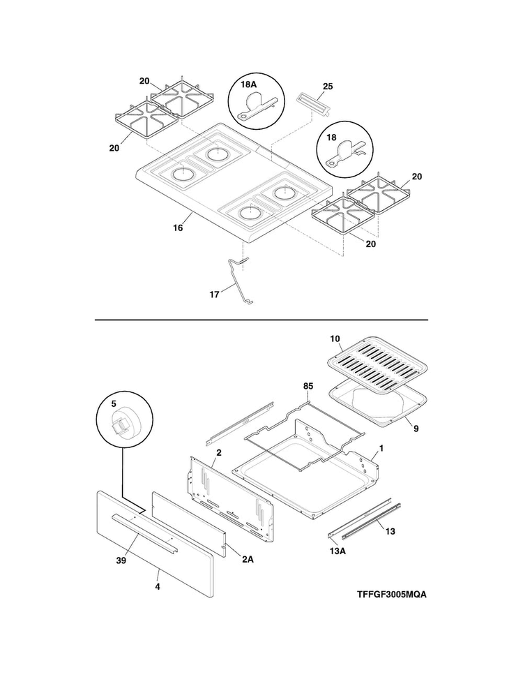 Top/drawer Diagram and Parts List for FFGF3005MWD  Frigidaire Range