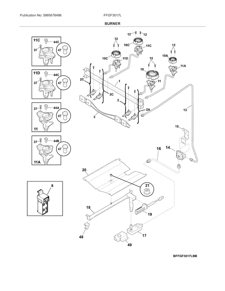 Burner Diagram and Parts List for FFGF3017LWH  Frigidaire Range