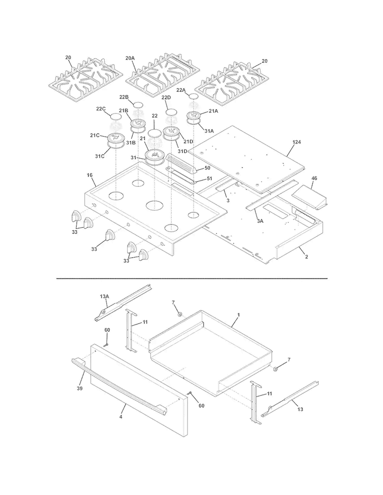 Top/drawer Diagram and Parts List for FPGF3685LSB  Frigidaire Range