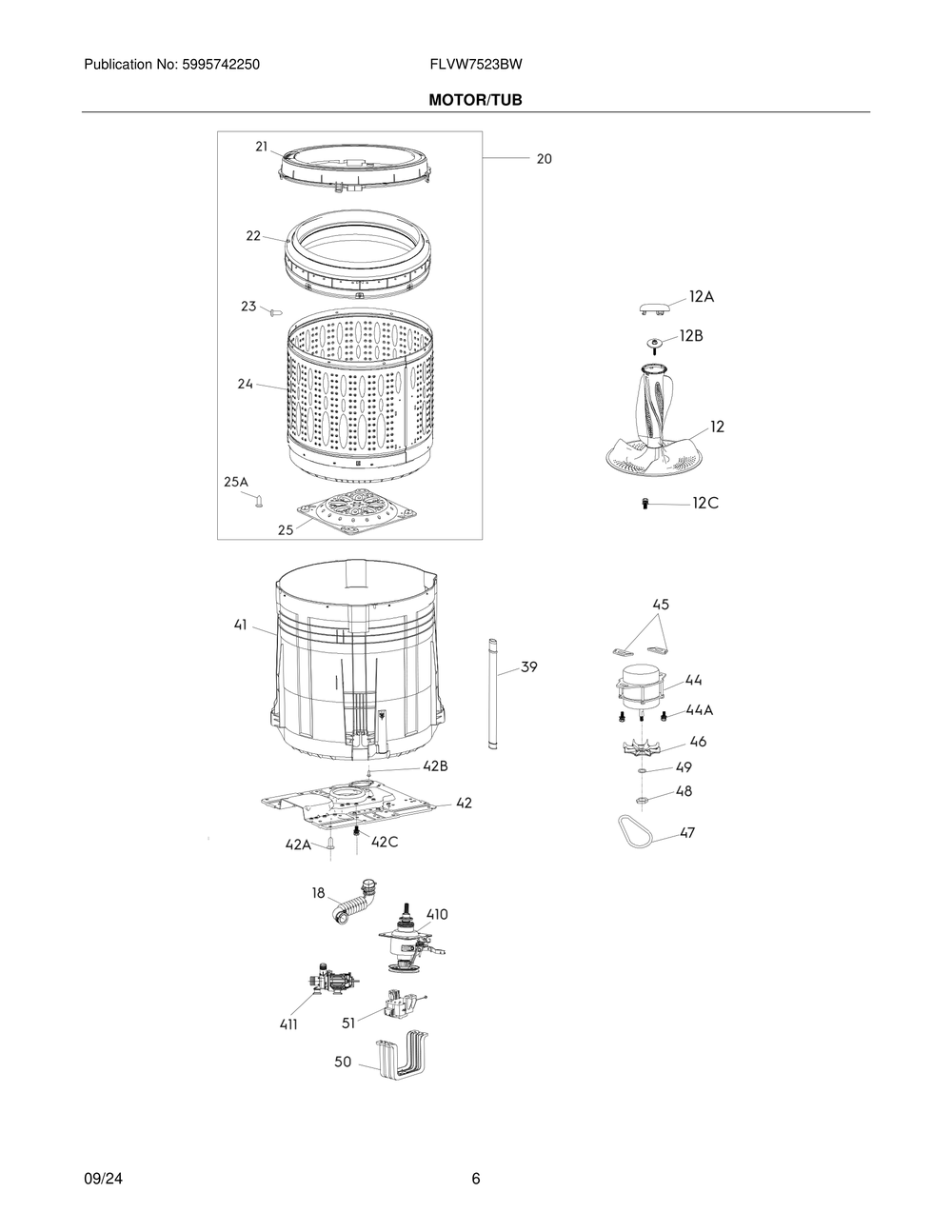Motor/Tub Diagram and Parts List for FLVW7523BW  Frigidaire Washer