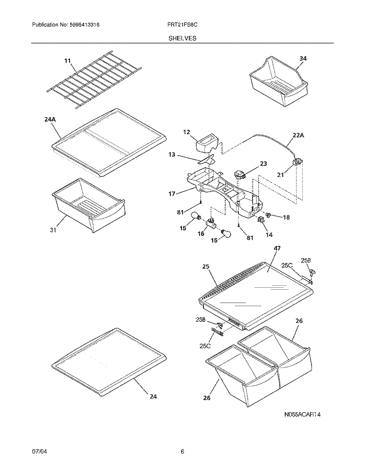 SHELVES Diagram and Parts List for FRT21FS6CW3  Frigidaire Refrigerator