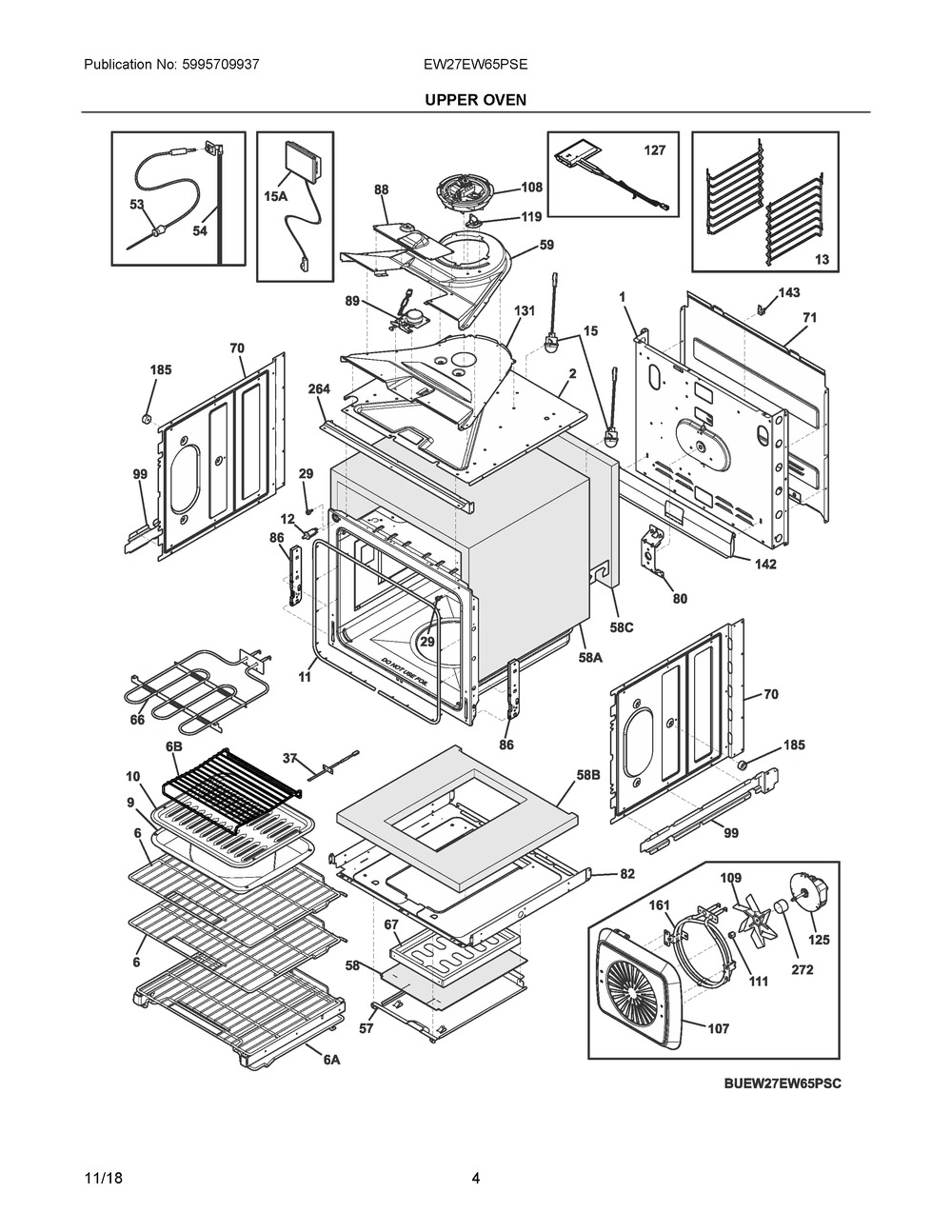Upper Oven Diagram and Parts List for EW27EW65PSE  Frigidaire Wall Oven