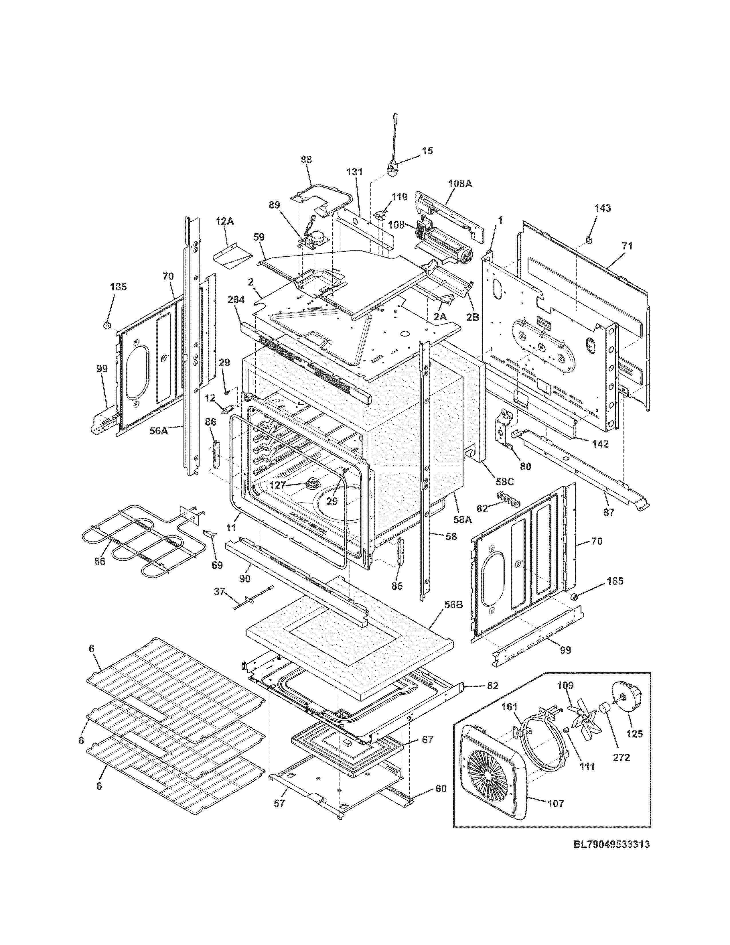 Lower Oven Diagram and Parts List for 79049532314  Kenmore Wall Oven