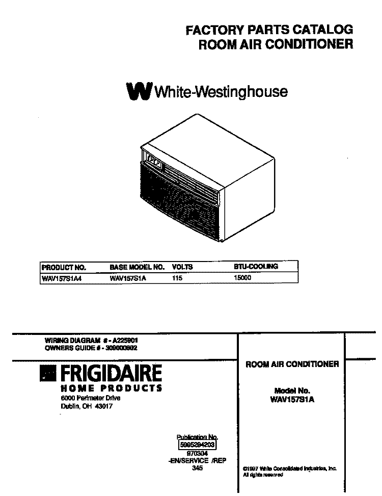 COVER Diagram and Parts List for WAV157S1A4  Frigidaire Air Conditioner