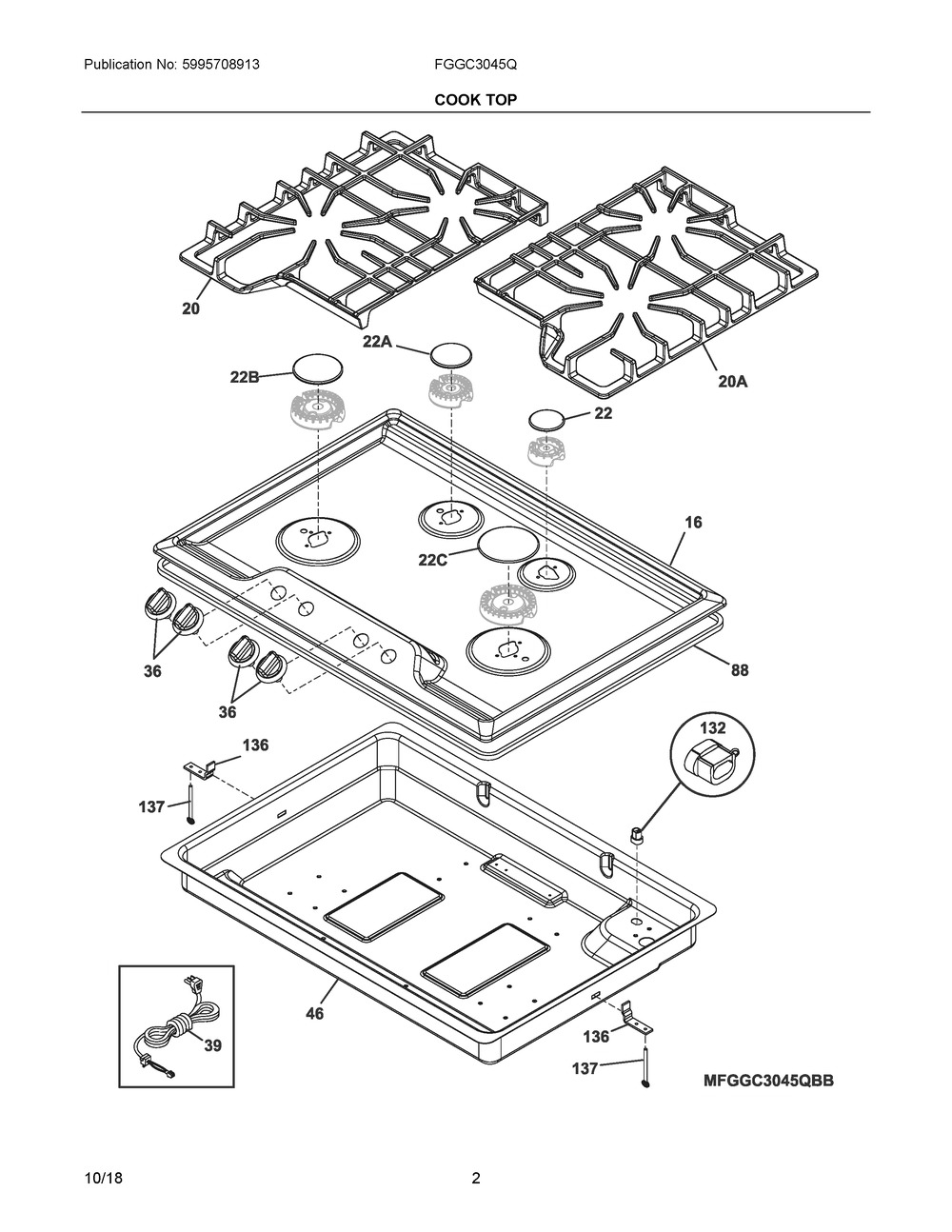 Cook Top Diagram and Parts List for FGGC3045QSD  Frigidaire Cooktop