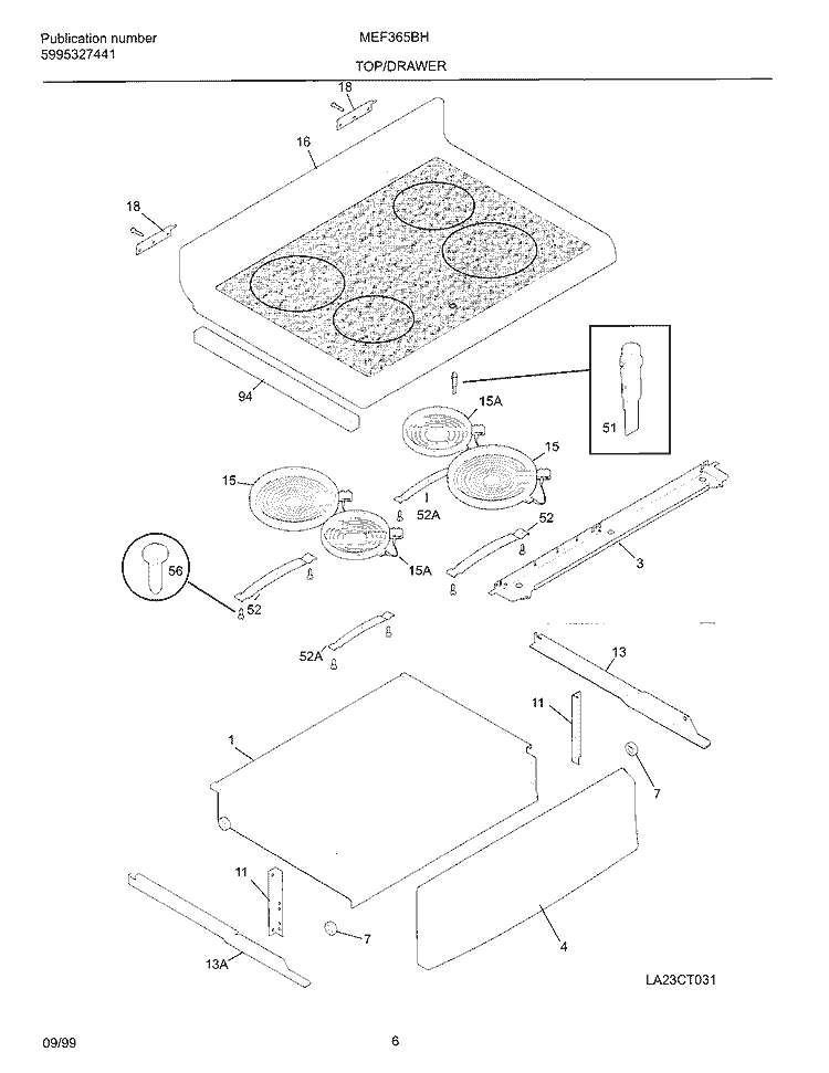 TOP / DRAWER Diagram and Parts List for MEF365BHW3  Frigidaire Wall Oven