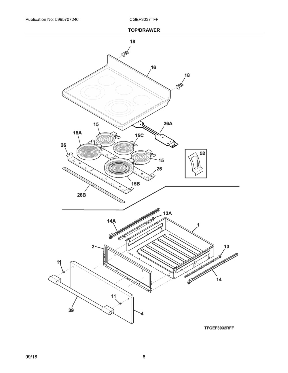 Top/drawer Diagram and Parts List for CGEF3037TFF  Frigidaire Range
