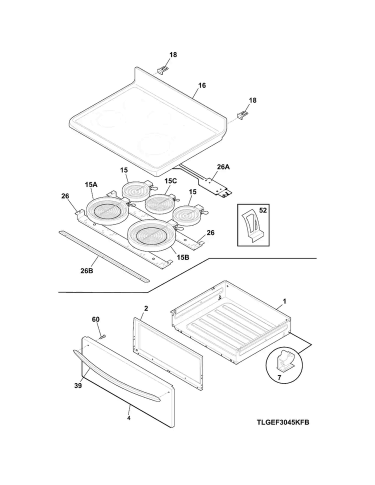 Top/drawer Diagram and Parts List for FGEF3058RFA  Frigidaire Range