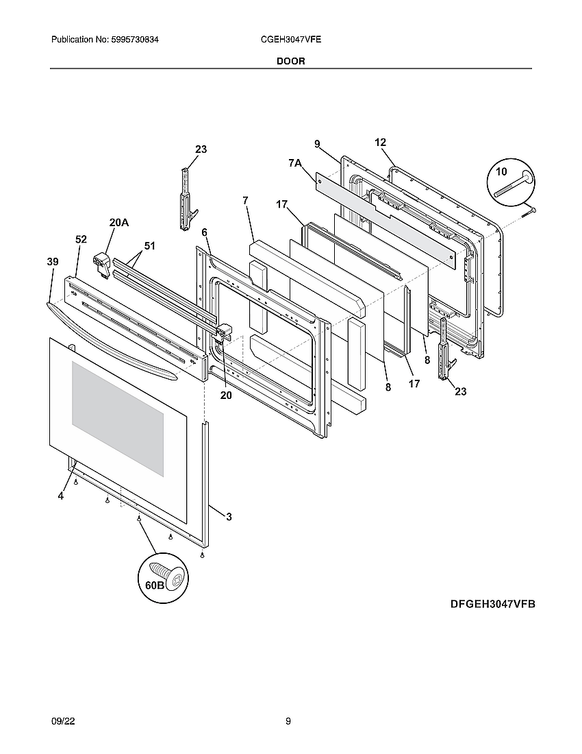 Door Diagram and Parts List for CGEH3047VFE  Electrolux Range