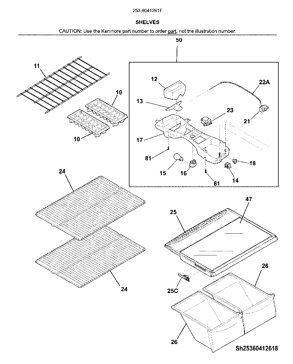 Shelves Diagram and Parts List for 2536041261F  Kenmore Refrigerator