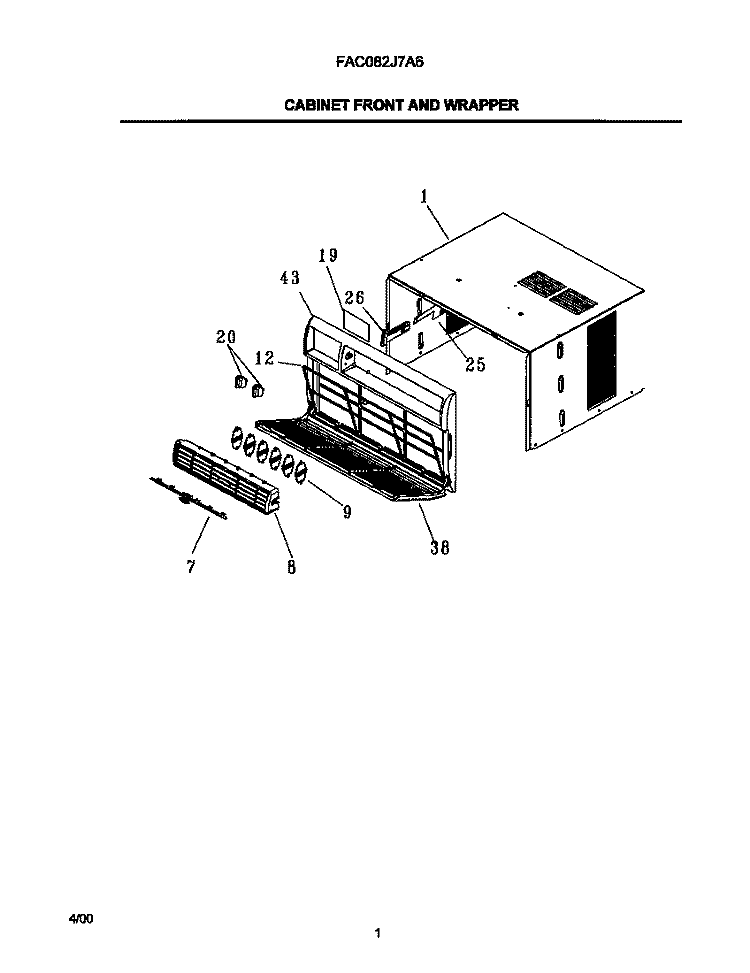 CABINET FRONT AND WRAPPER Diagram and Parts List for FAC082J7A6  Frigidaire Air Conditioner