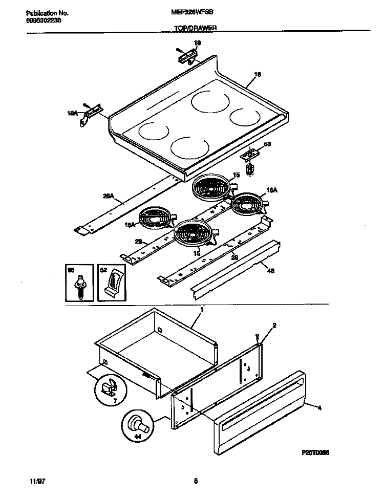TOP / DRAWER Diagram and Parts List for MEF326WFSB  Frigidaire Range