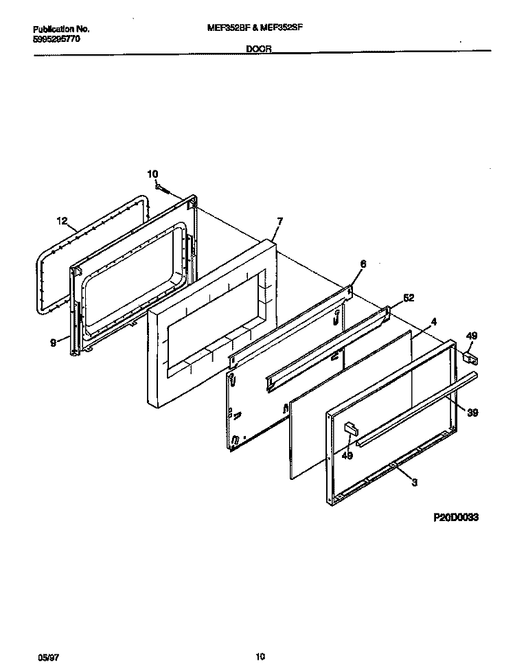 DOOR Diagram and Parts List for MEF352SFWA  Frigidaire Range