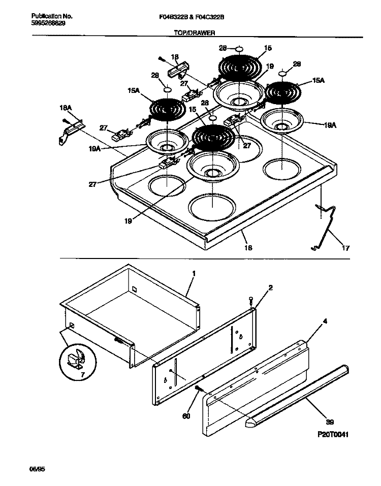 TOP / DRAWER Diagram and Parts List for F04B322BDB  Frigidaire Range
