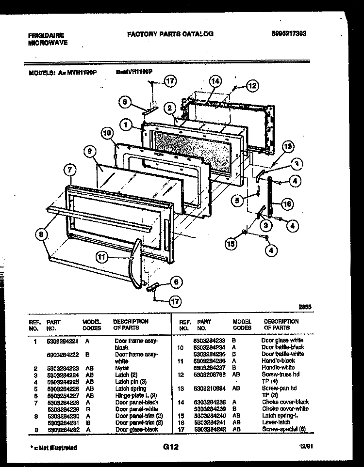 DOOR PARTS Diagram and Parts List for MVH1190P  Frigidaire Microwave