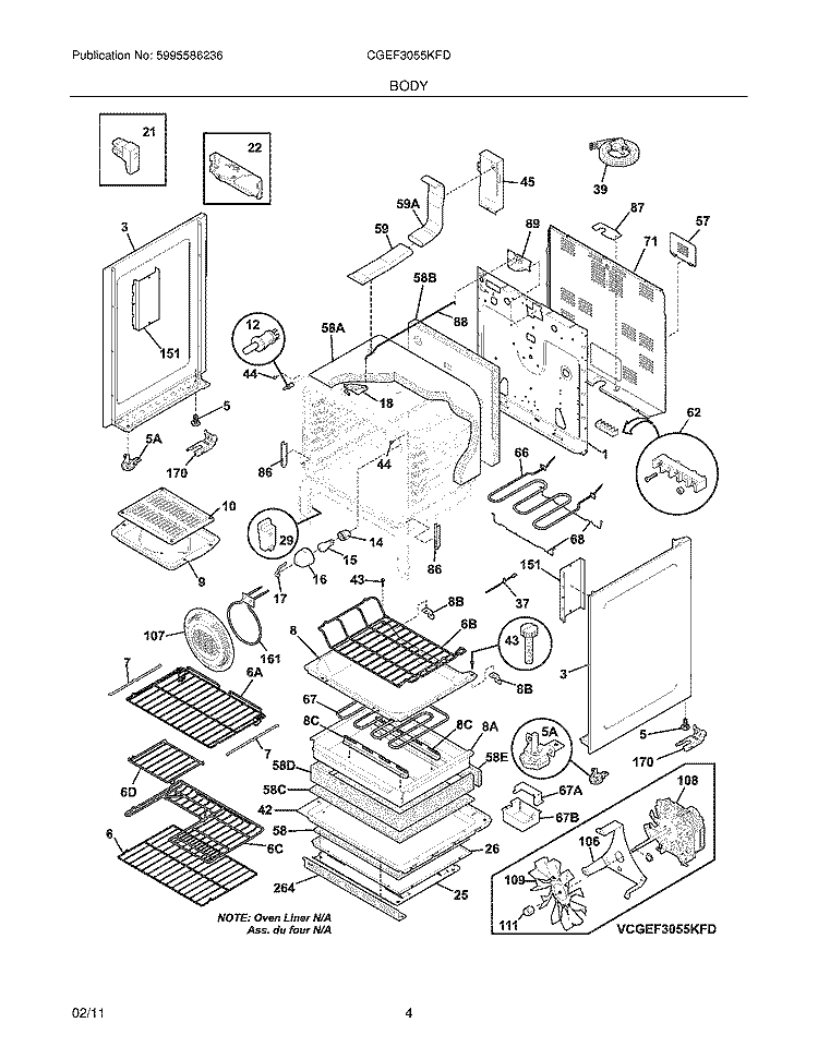 BODY Diagram and Parts List for CGEF3055KFD  Frigidaire Range